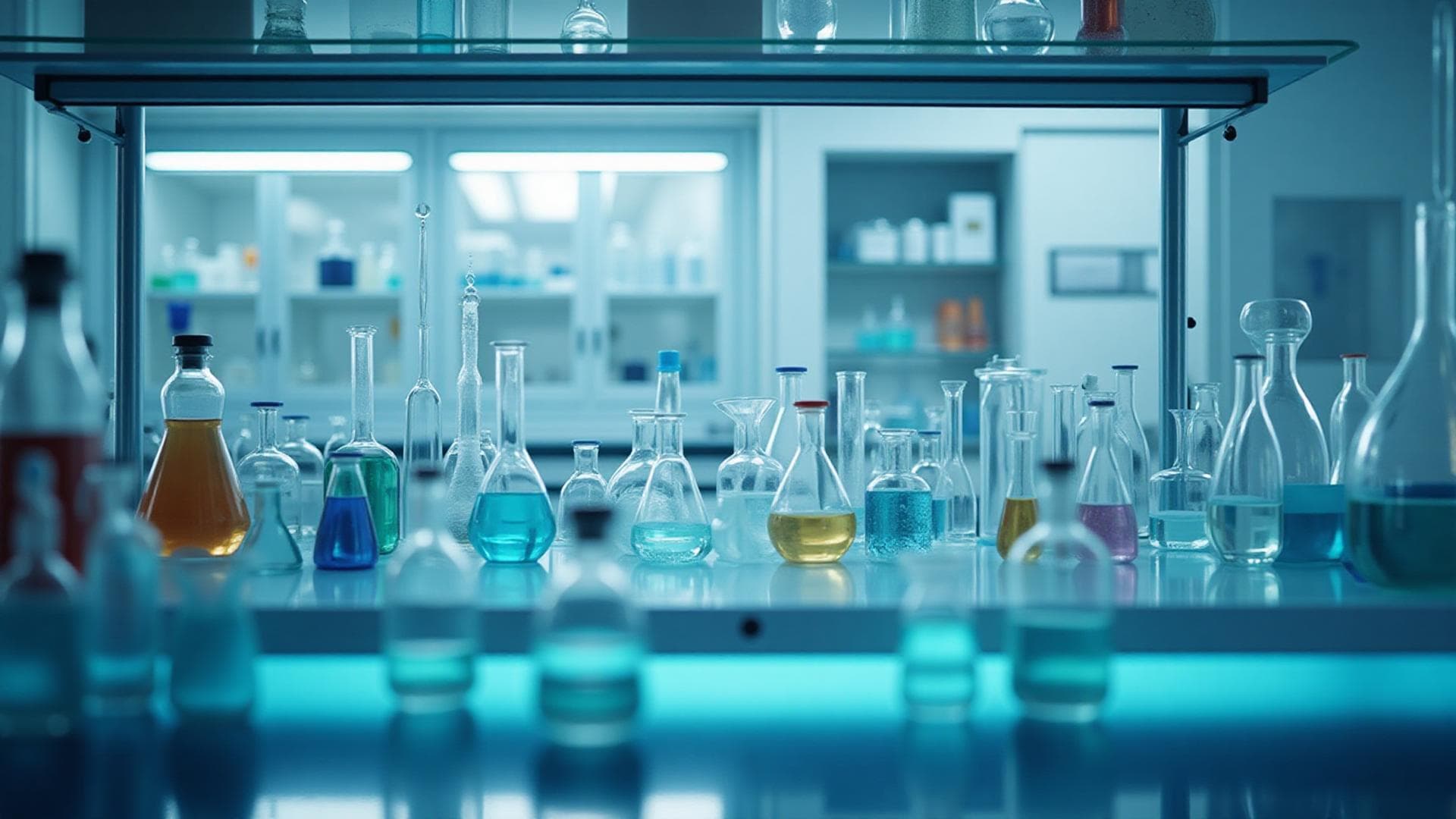 Modern chemistry laboratory equipment with flasks and beakers
